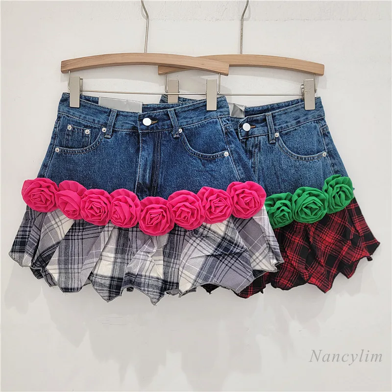 Irregular Design Stitching Denim Skirt Women's Three-dimensional Flower Skirts 2024 New A- Line Sheath Skirt