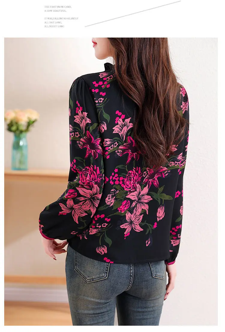 Women\'s Long Sleeved Spring and Autumn New Print Versatile Pullover Loose Temperament Chinese Style Top Chiffon Blouses Shirt