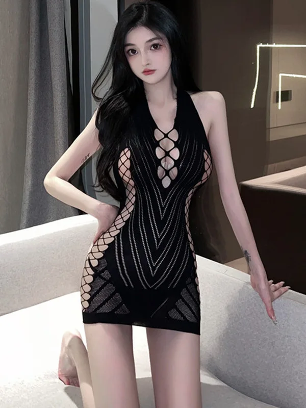 มินิตาข่ายลูกไม้ SHEER ชุดชั้นในเซ็กซี่แขวนคอ Hollow Elegant โปร่งใสเสื้อผ้าไนท์คลับหวานผู้หญิงเกาหลี Y8GW