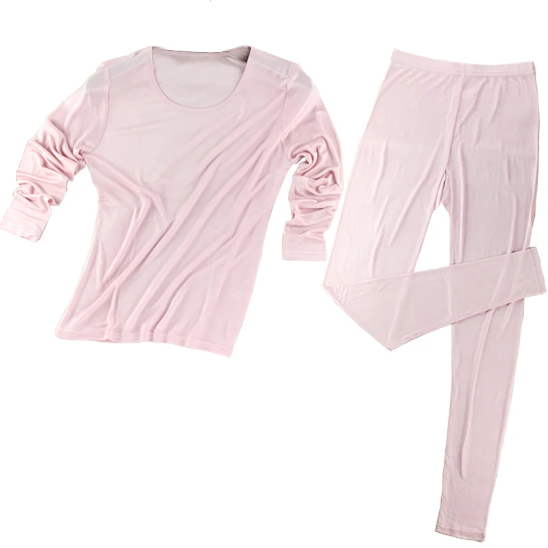 Women's Autumn/Winter Thermal Underwear Set, 25% Mulberry Silk Double-Knit Low Round Neck Base Layer Top & Pants, Solid Color