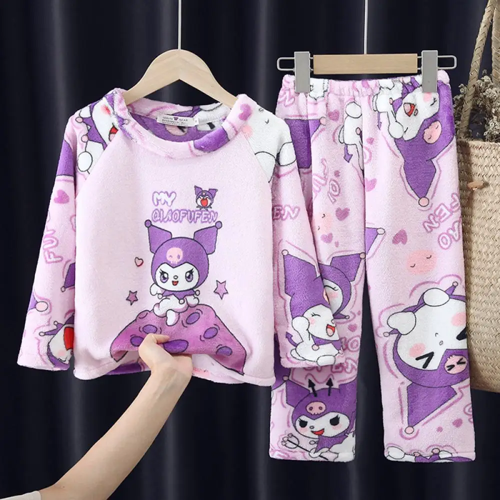 Spring Autumn Kawaii Kuromi Cinnamoroll Thin Flannel Pajamas Cartoon Sanrioed Korean Print Pajama Set for Children's Homewear