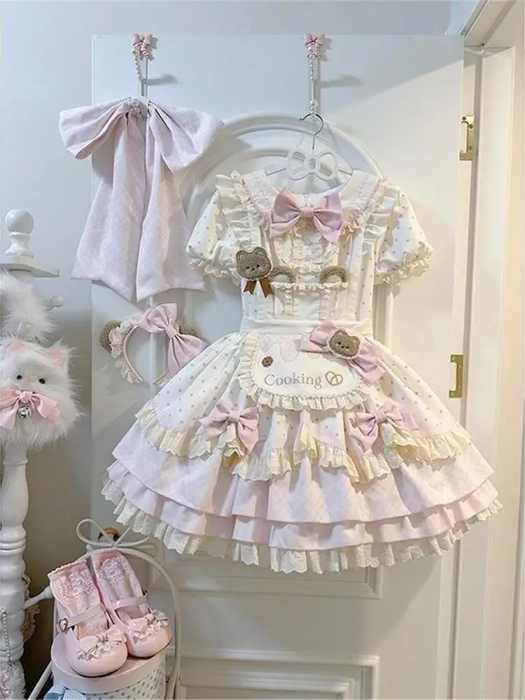Original Bubble Bear Little Bear Baking Master Short Sleeve Lolita OP Dress Sweet Princess Skirt for Women Spring Summer Autumn