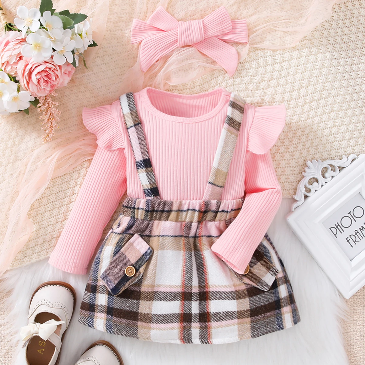 New Spring and Autumn Cute Girl Pink Long sleeved Top Casual Sling Dress Infant and Child Clothing Set