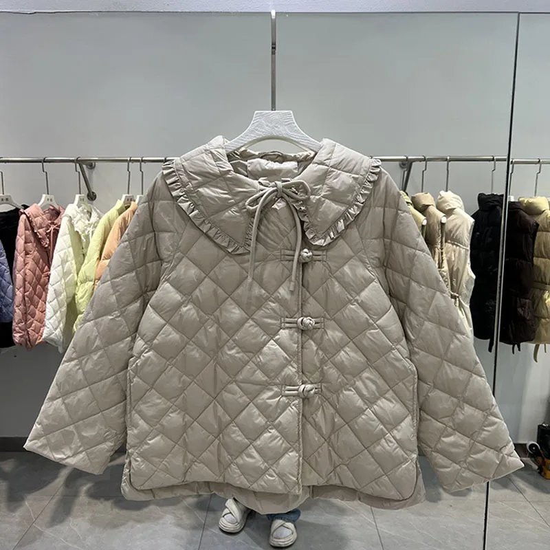 Korean New Women White duck Down Parkas 2022 Women Solid color Loose Ruffle Check Lapel Puffer Jacket