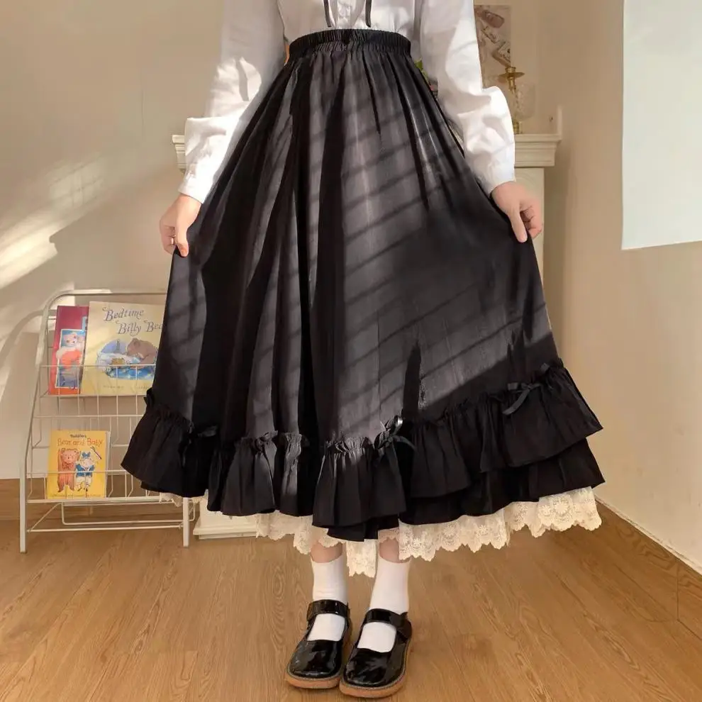 Koreanischer Stil, schwarz-weißer Halbrock, langer Rock für Damen, japanischer, einfarbiger, doppellagiger, Vintage-Rock im französischen Stil mit Rüschen, A-Linien-Schnitt. – Detail 10