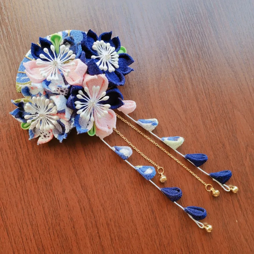 Handmade Lolita Japanese Style Hanfu Kimono Flower Cherry Blossom Fan Bell Tassel Girl Headdress Hair Accessories Barrettes