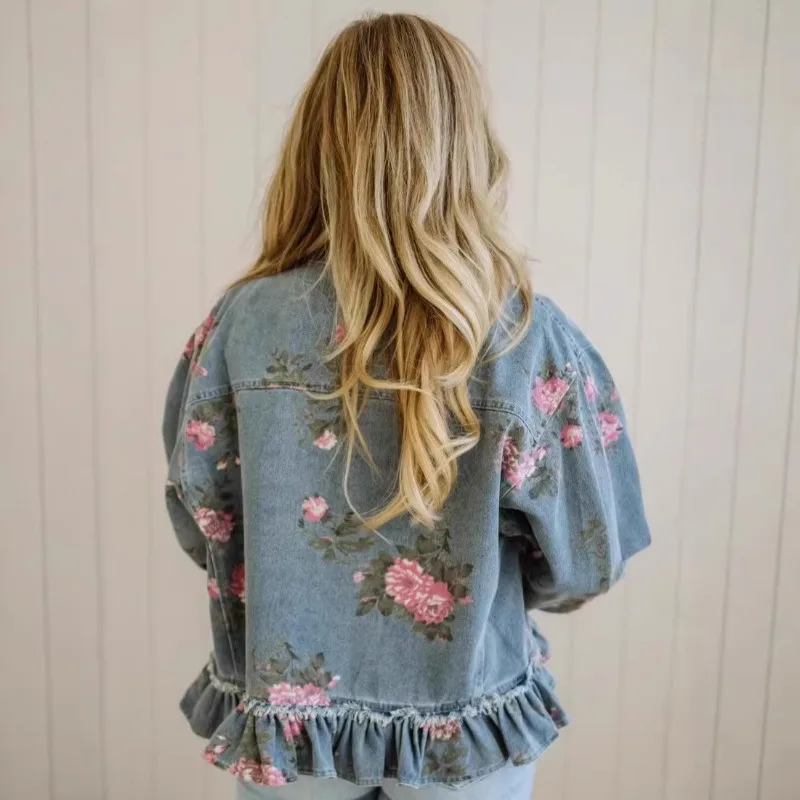Blouse Jacket Shirt Women's Vintage Washed Denim Floral Print Loose Fit Long Sleeves Casual Niche Versatile Fashionable Designer
