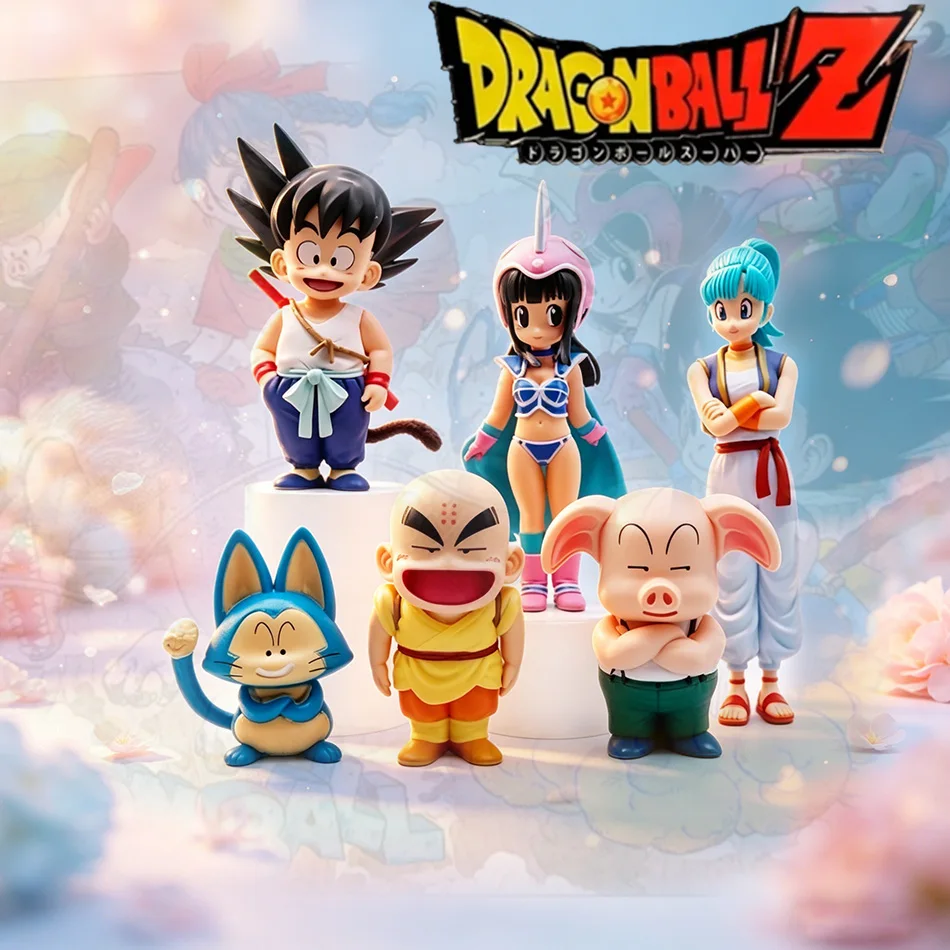 Em Estoque 6pcs Figuras de Ação Dragon Ball Z Son Goku Versão Q, Chi-Chi, Bulma, Puar, Krillin, Oolong, Modelo em PVC, Presente de Natal