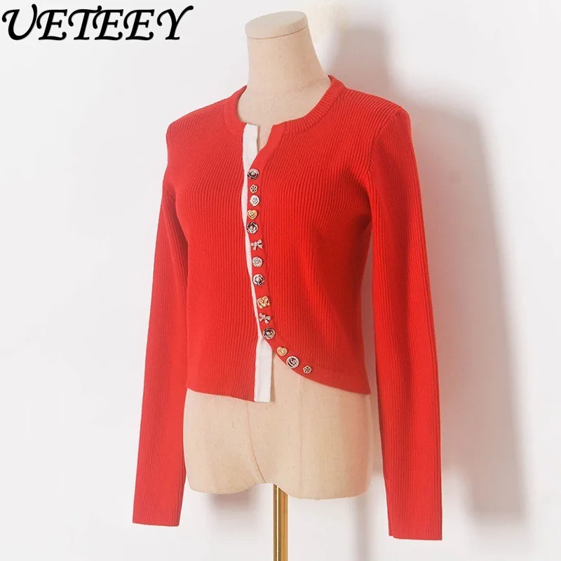 

Осень-зима, новый вязаный свитер с цветными блоками и длинными рукавами на пуговицах, модный элегантный женский облегающий универсальный короткий кардиган