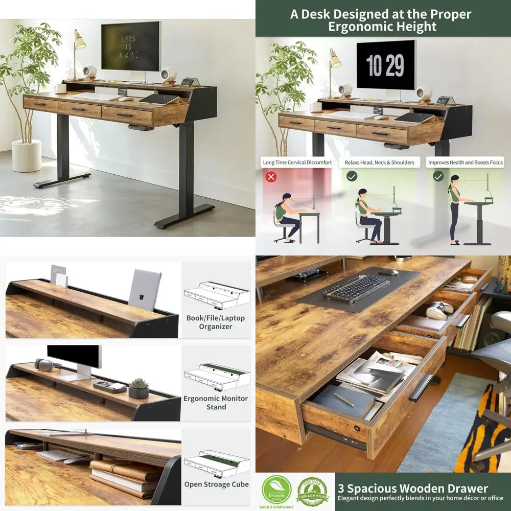 Height Adjustable Electric Desk 48x24 Inches, Ergonomic Standing Desk with Storage, Home Office Furniture for Comfortable Work E