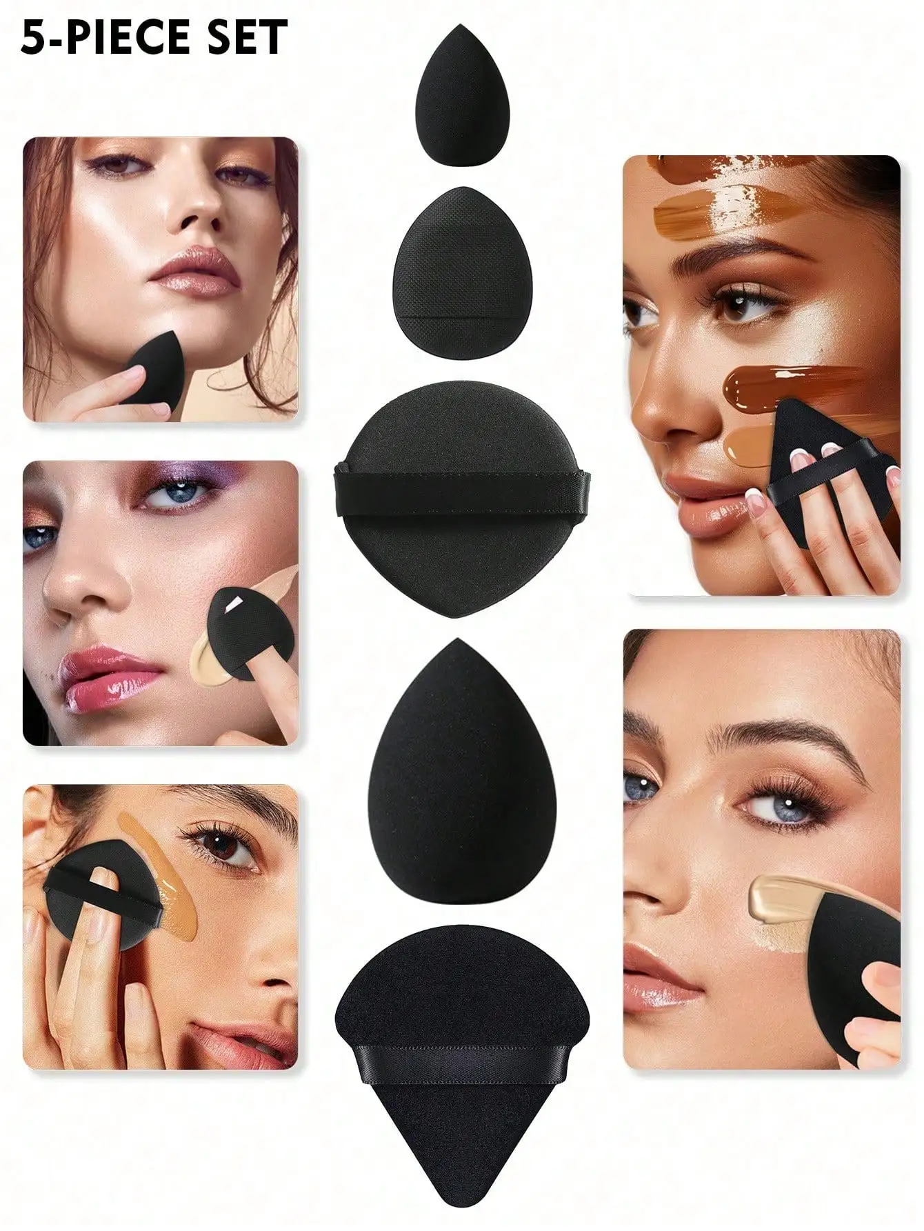 Sortierte schwarze Make-up-Puderquasten, dreieckige Fingerband-Puderquasten & tropfenförmige Schönheitsschwämme, Nass-Trocken-Kosmetikset – Detail 3
