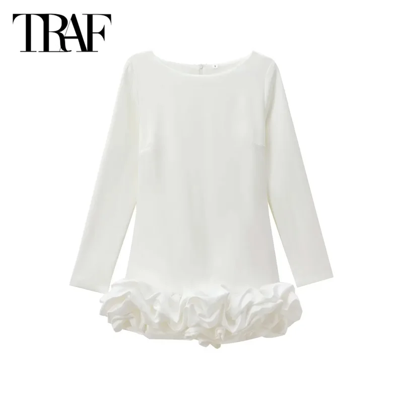 TRAF-Mini Robe Courte Plissée à Manches sulfpour Femme, Tenue Élégante à Volants, de Couleur Blanche et Noire, Idéale pour Soirée et Bal, Collection Été Automne 2024