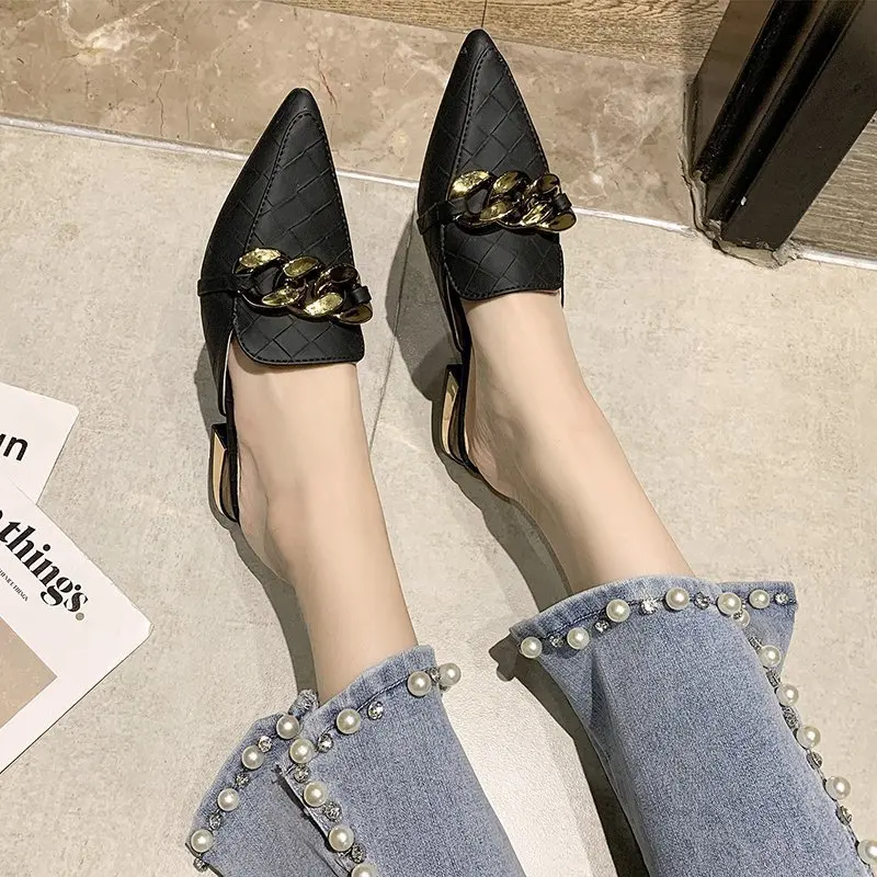 Low Slippers Casual Female Shoes Square heel Pointed Toe Mules For Women 2024 Rivet Shallow Slides Luxury New Block Cover Soft H