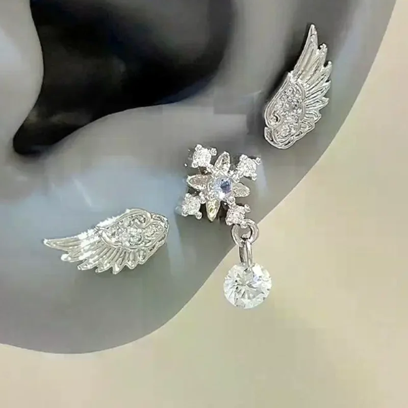 Angel Wing Stud Earrings 3Pcs Shiny Crystal Zircon Vintage Silver Color Luxury Jewelry Gift for Women