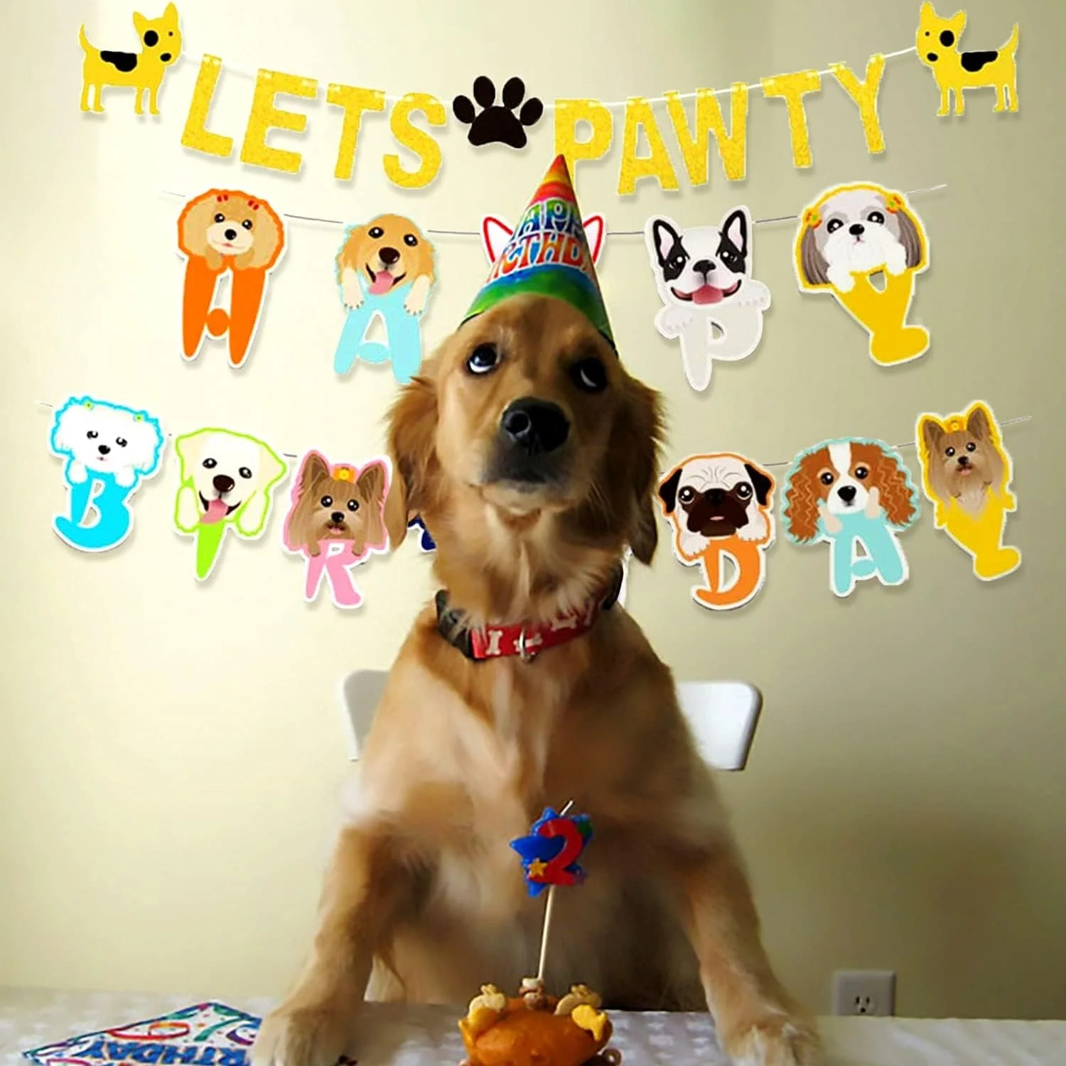 Glitter Lets Pawty Banner for Pets, Dog Birthday Banner, 1st, 2, 3, 4, 5 Year Old Party Banner, Garland Puppy Party Banner