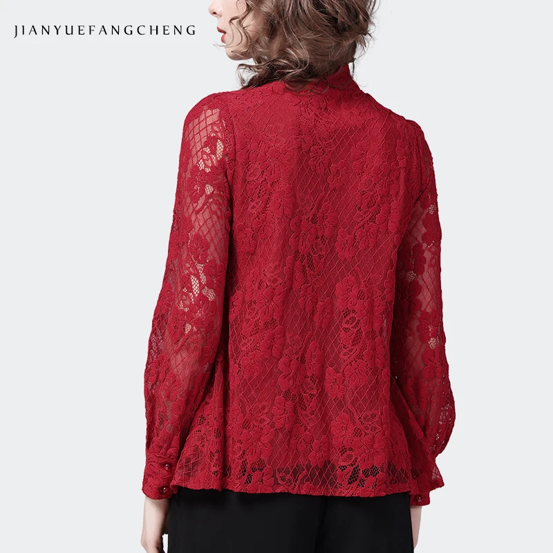 Vintage Chinese Style Red Lace Shirt 2023 Spring New Long Sleeve Stand-up Collar Hollow Design Women Tops Elegant Floral Blouses