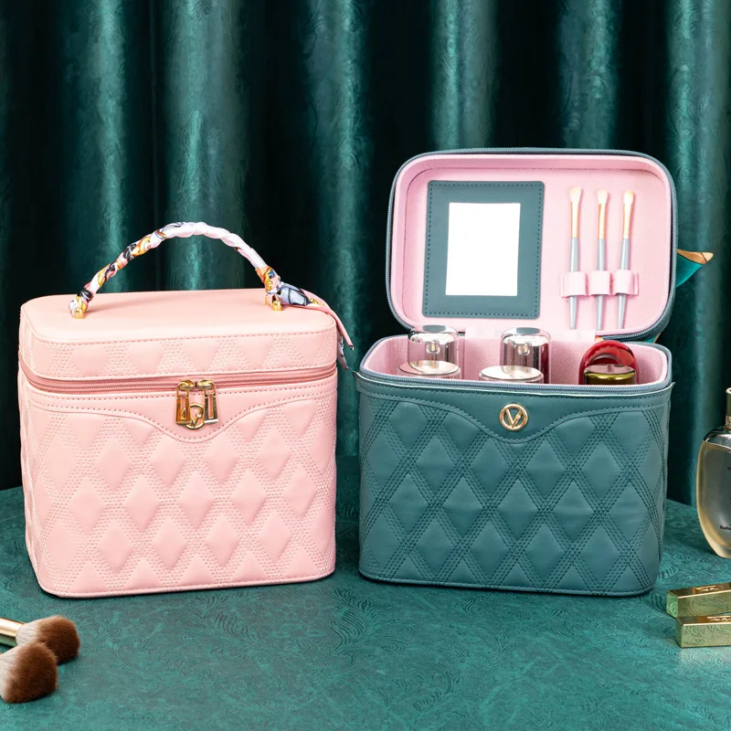 Makeup Bag Portable Cosmetic Bag Singlelayer advanced PU leather cosmetic case New travel multiple portable cosmetic case Mirror