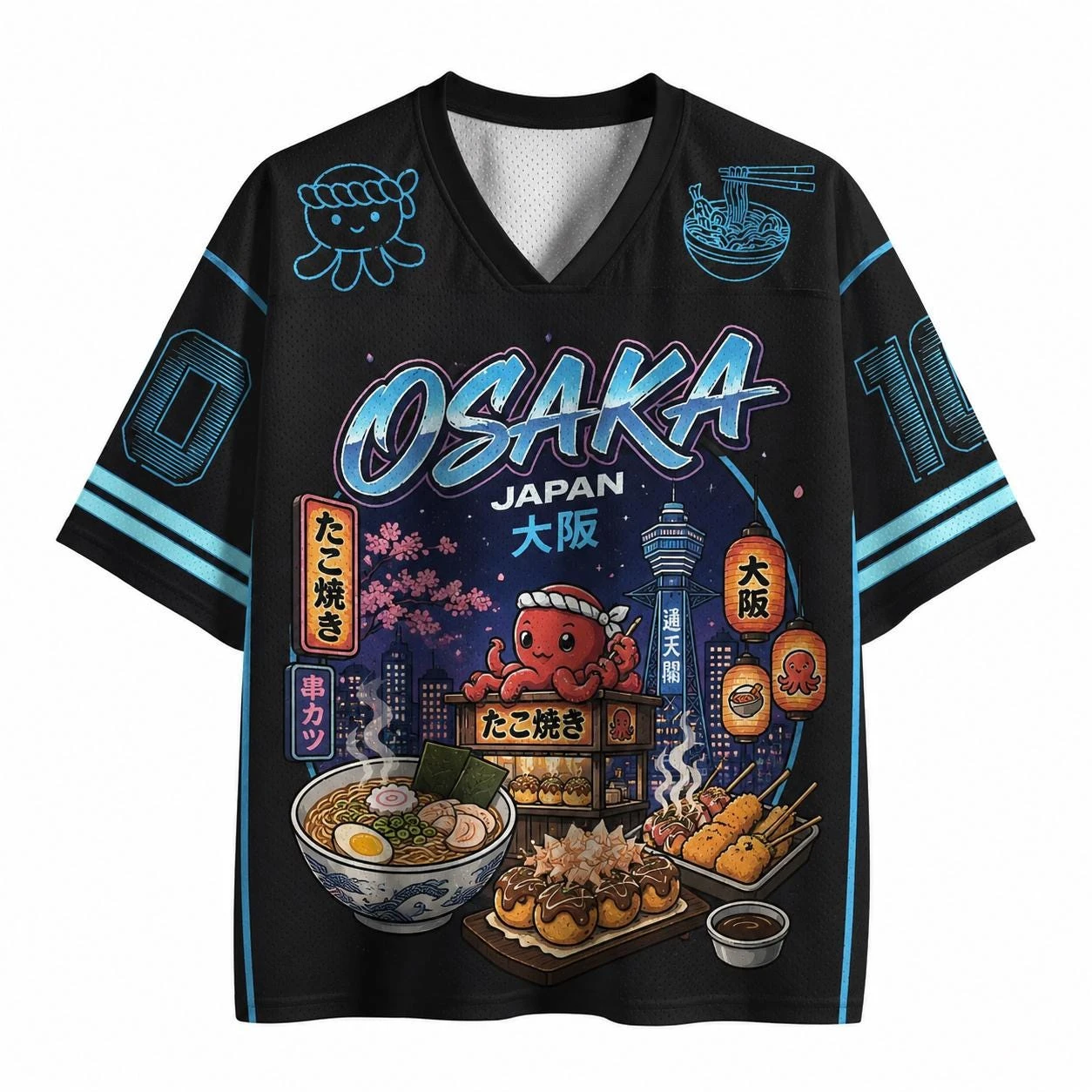 Latest Osaka Octopus Burn Printed V-neck Mesh Jersey Japanese Retro Loose Large Atmosphere Versatile Short Sleeve