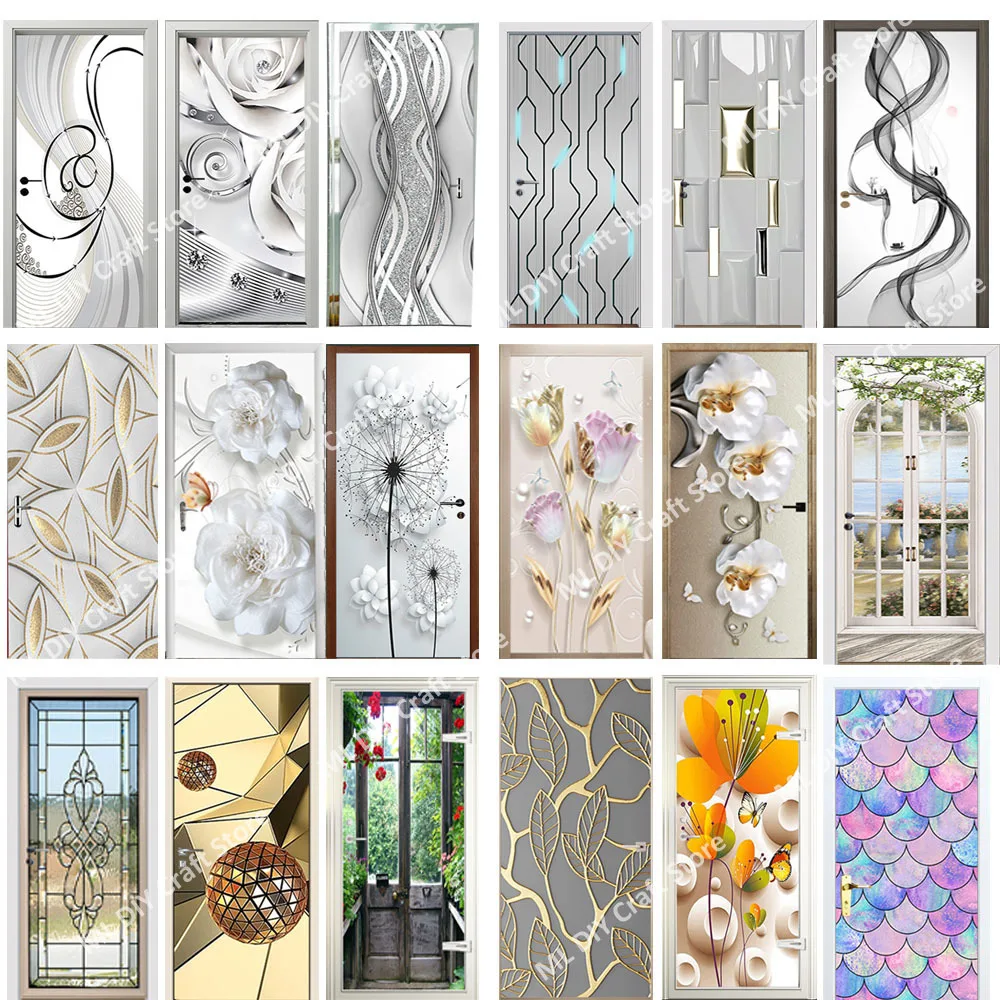 

Art Mural Painting Modern Door Sticker Simulate Glass Pattern Geometric Self Adhesive Flower Wall Waterproof Home Decor Decal