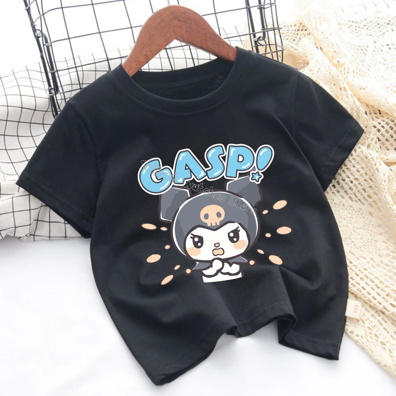 Kuromi T-shirt for Children Cute Sanrio Cartoon Clothes Fashion Fashion Anime Print Clothing Girls Top Kid Summer Black Tee Gift