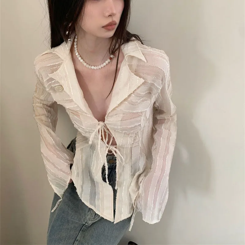 Gidyq Women Sexy Lace Up Blouse Korean Fashion Ladies Long Sleeve Shirt White Y2K Spring New Turn Collar Female Tops