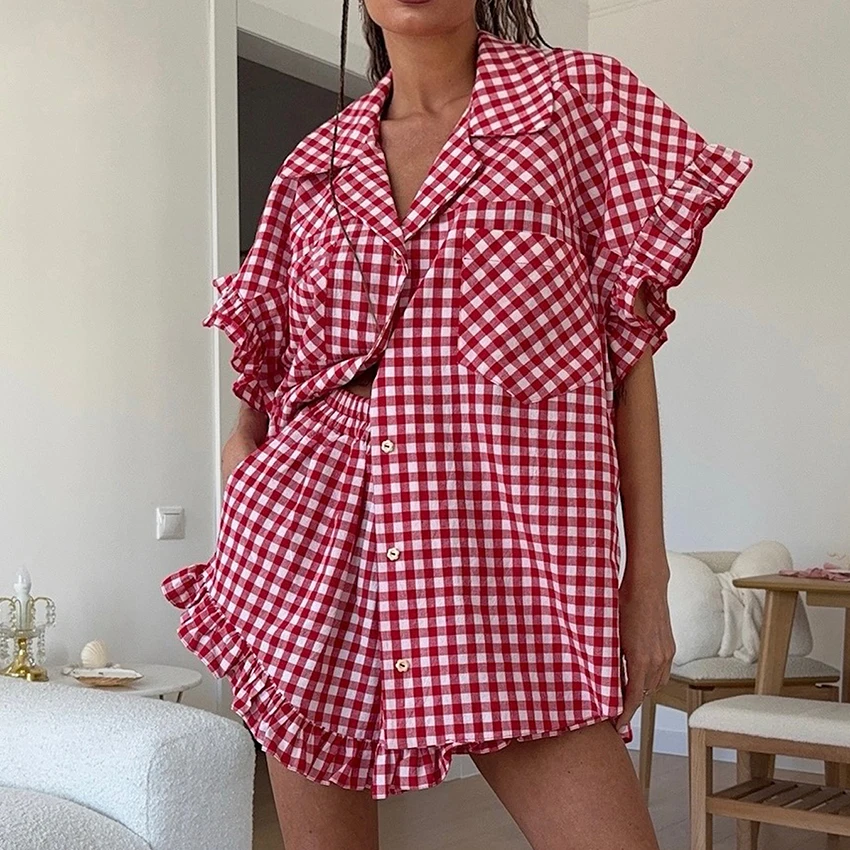 Women's Plaid Button-Up Shirt and High-Waist Shorts Two-Piece Set