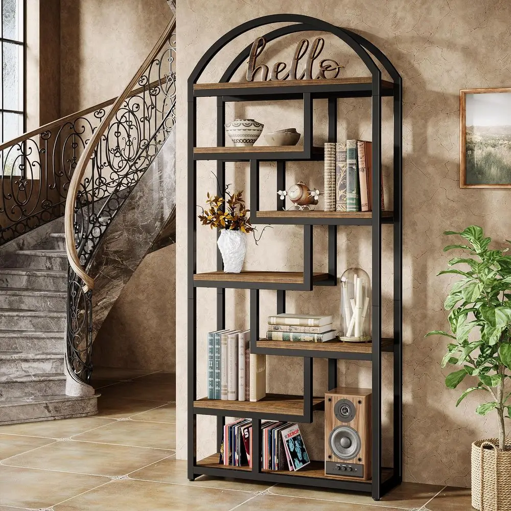 71 Tall Arched Bookshelf, Industrial Etagere Bookcase with Open Display Shelves, Floor Stand Storage Organizer Shelving for Liv