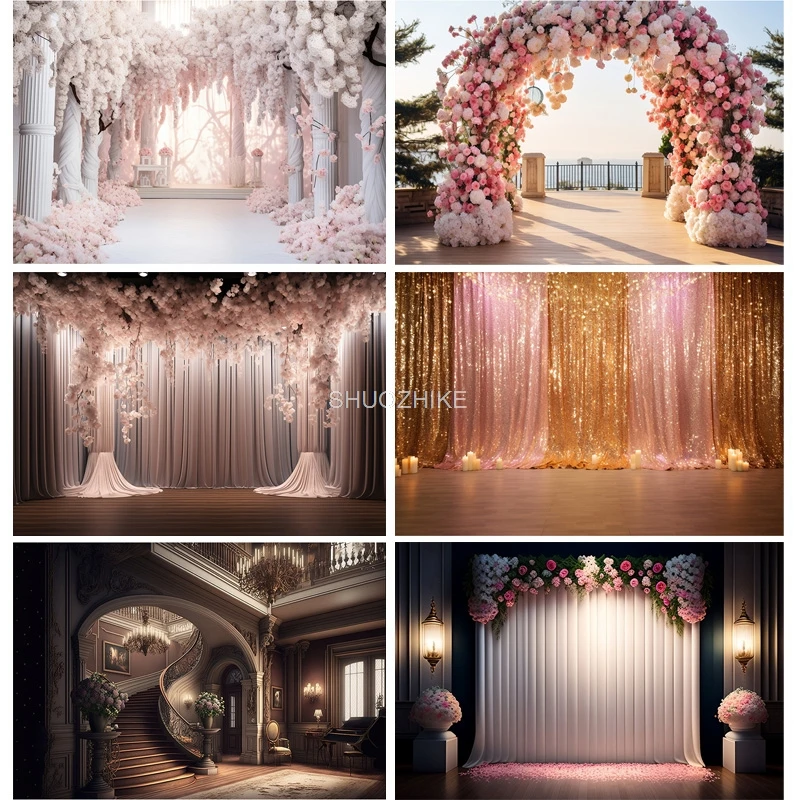 Wedding Ceremony Stage Fantasy Bouquet Photography Backdrop Props Anniversary Archway With Flowers Photo Studio Background HL-07