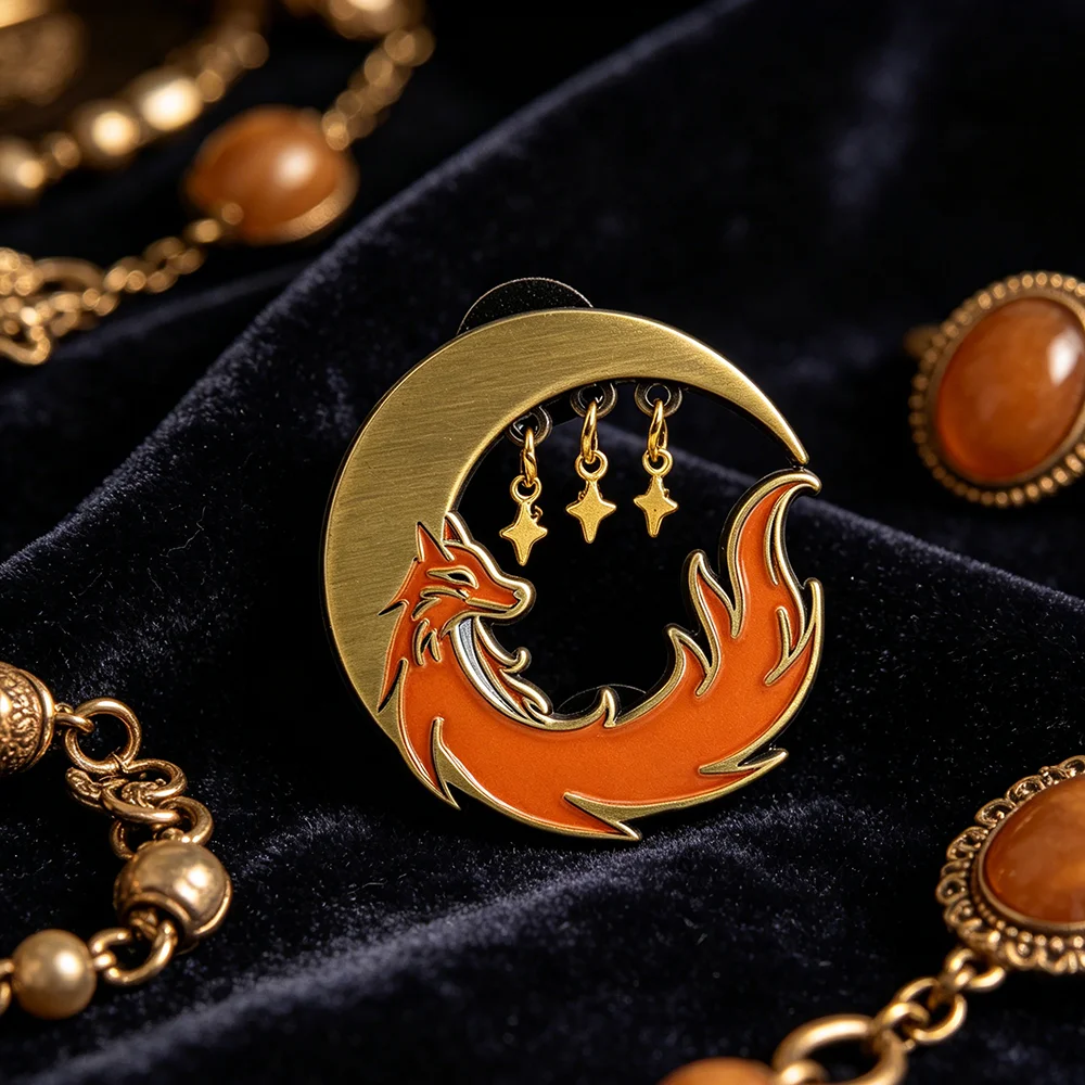 Fantasy Fox and Moon Enamel Pin Japanese Style Kitsune Brooch Cute Animal Metal Badge Celestial Jewelry Lapel Pins for Backpack