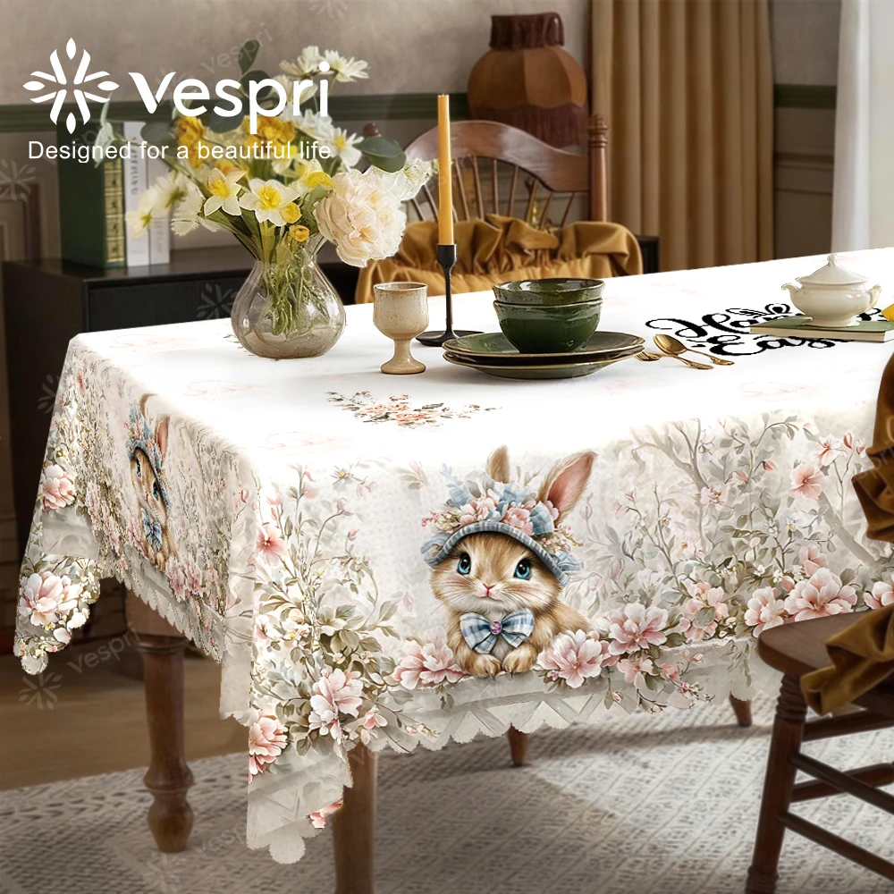 Vespri Oster-Tischdecke Dekor Weiß Rosa Hasen Blumen Blätter Rund Rechteckig Oval Polyester für Partys Feste