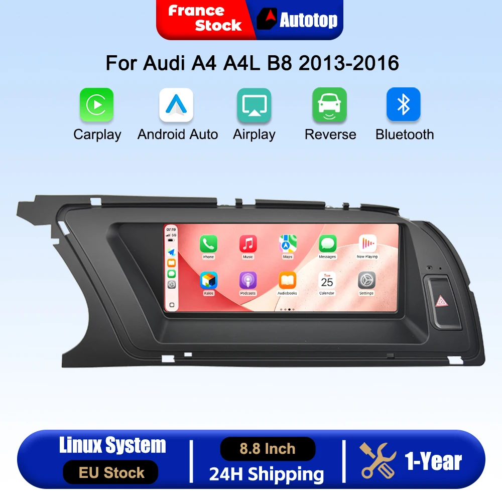 Écran tactile Android Auto CarPlay sans fil de 8,8 pouces pour Audi A4 A4L B8 2013-2016, système intelligent de voiture, autoradio multimédia intelligent avec Bluetooth, navigation GPS, Autolink, Navi, Mirror Link, AirPlay.
