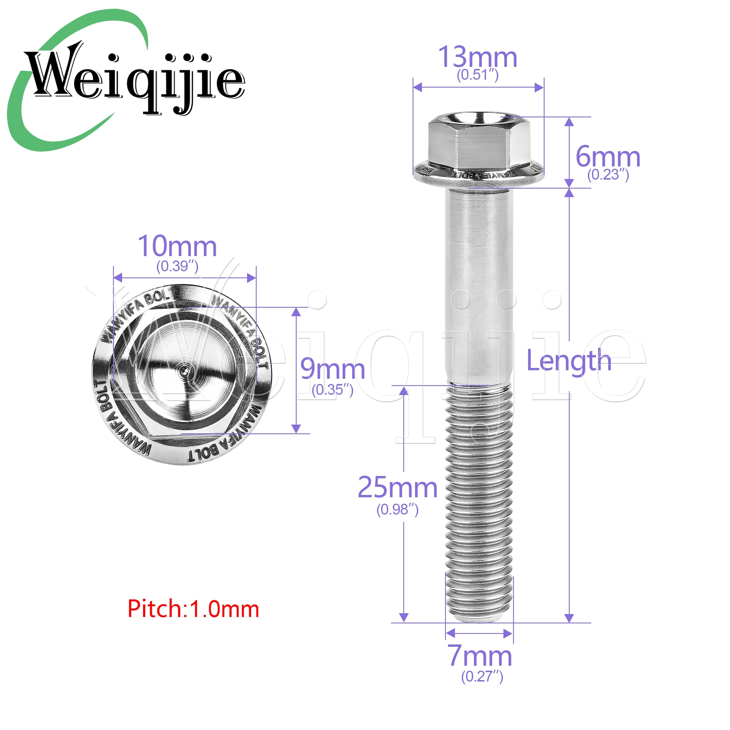 Weiqijie Titanium Fange Head Bolt M7x10~50mm for Bicycle And Motorcycle Modification