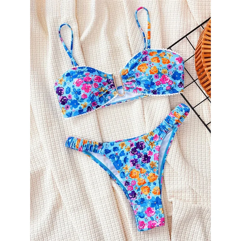 Sexy U Neck Flowers Printed Wrinkled Bikini Female Swimsuit Women Swimwear Two-pieces Bikini set Bather Bathing Suit Swim