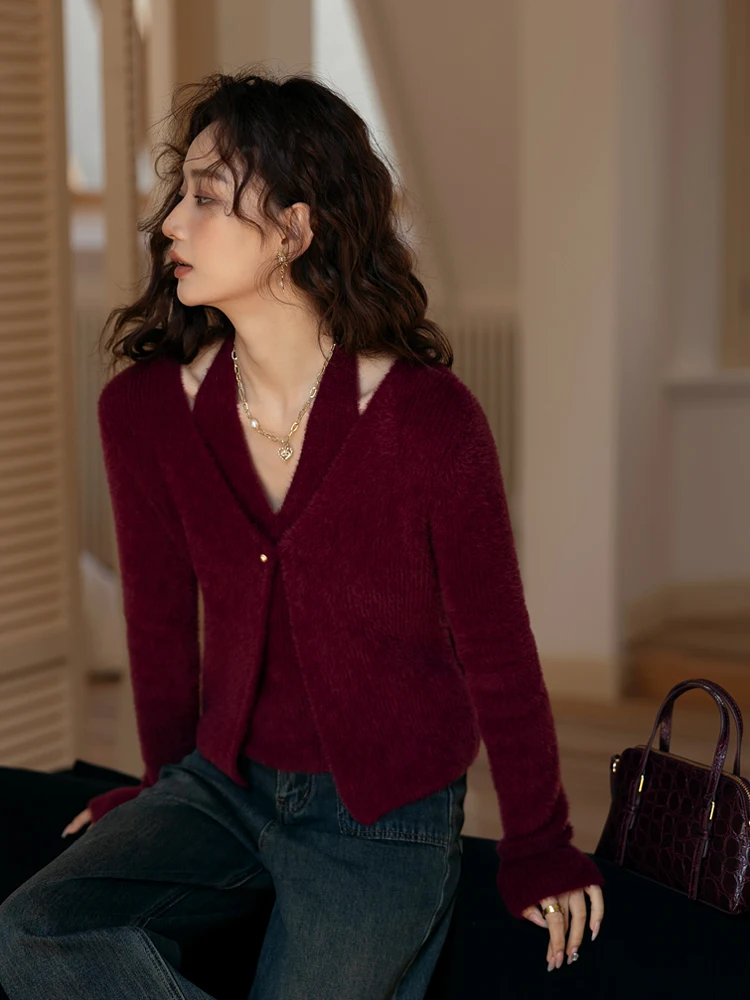 

Lycheerose Women's Knitted V-Ne Sweater Red Hanging Ne Autumn Winter Outerwear Lazy Sle Long Sve Regular Fit Top