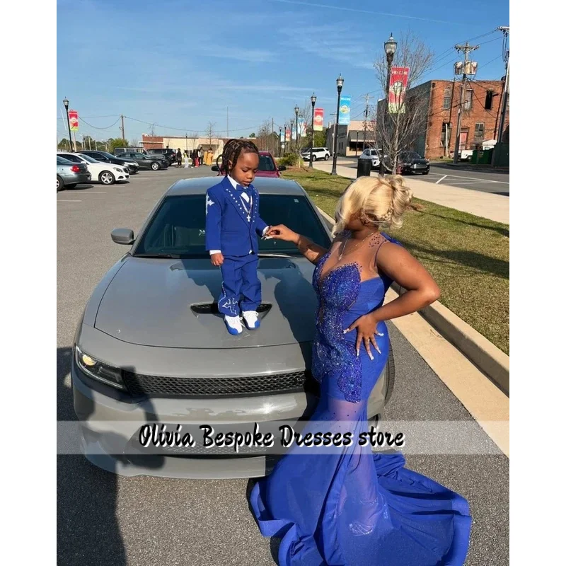 Personalizado glitter azul real sereia vestido de baile preto meninas rendas apliques cristal frisado vestido de festa de aniversário