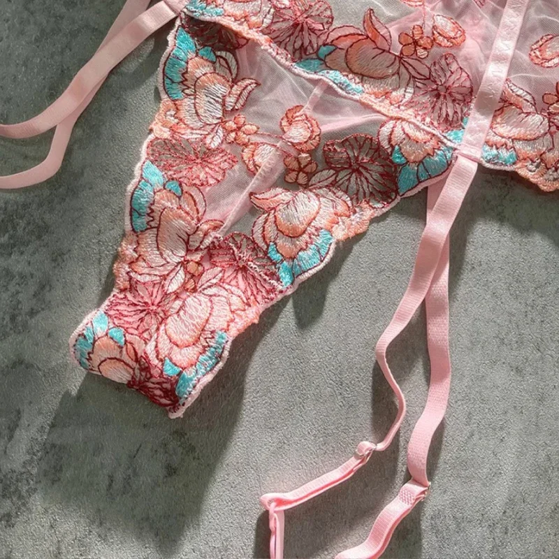 مثير سامسونج ارتداءها الإناث الدانتيل الصدرية سيامي الملابس الداخلية عارية الذراعين المرأة انظر من خلال المطرزة زهرة شبكة مجموعة الملابس الداخلية الأزرق