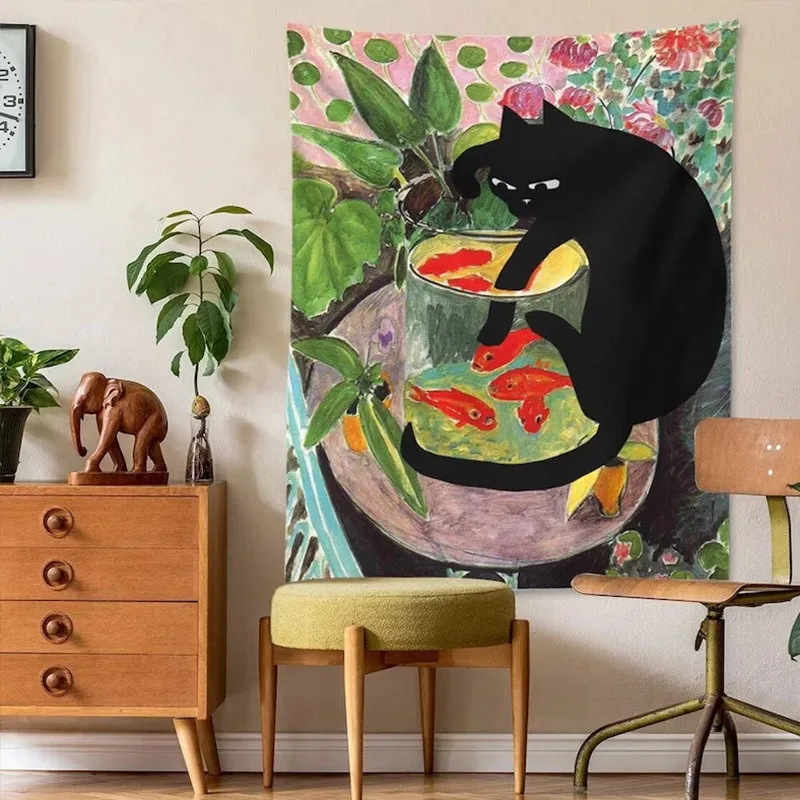 VIKAMA Matisse Goldfish Bowl & Black Cat Tapestry Art Prank Style Wall Hanging for Living Room, Study & Homestay Decor