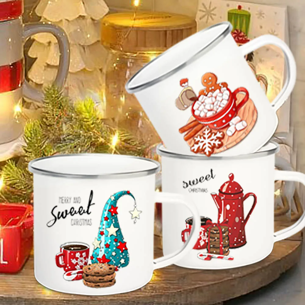 Sweet Christmas Cookies Latte Printing Coffee Cups Enamel Hot Cocoa Chocolate Cup Juice Milk Mugs Party Decorations Holiday Gift