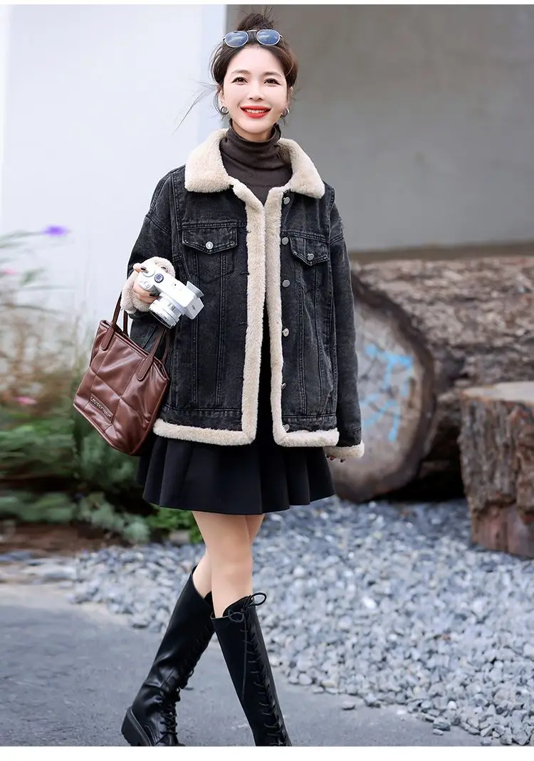 

Denim Coat Black Sexy Fur Plush Womens Winter Boxy-Fit Minimalist Street Trend Anti-Odor Quilted Hooded Fuzzy Button-Embellished