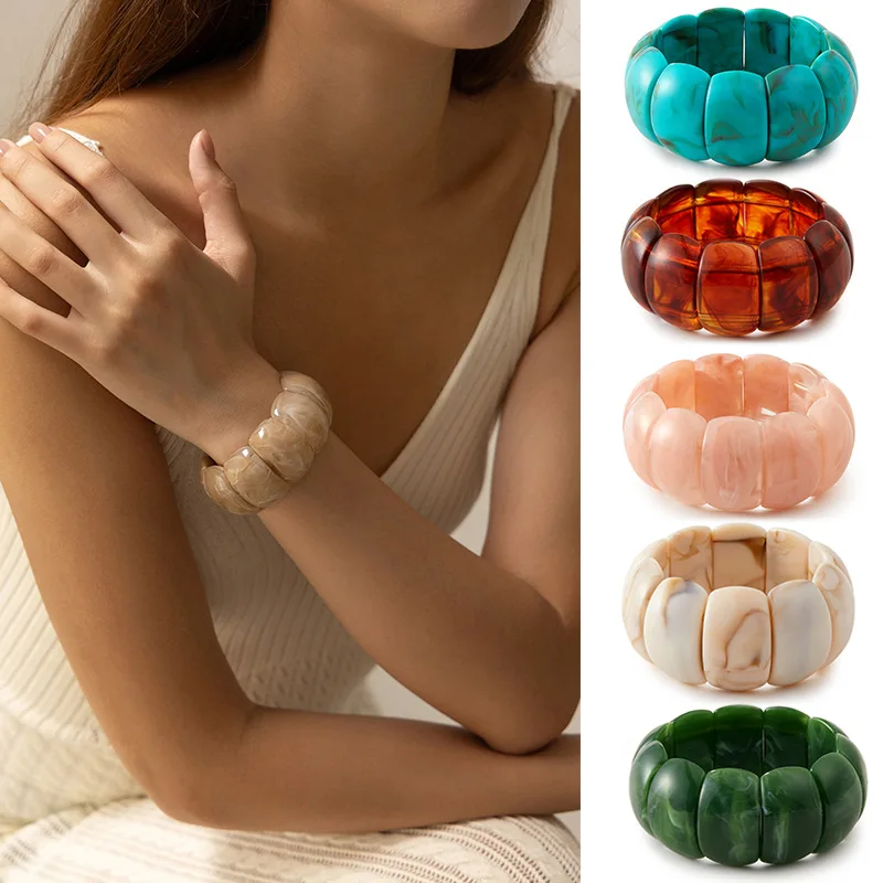 Vintage Punk Marble Crystal Pattern Wide Acrylic Elastic Bracelet for Women Art Model Show Thick Elasticity Bangles Jewelry