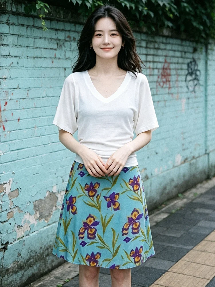

Casual Fashionable Two-Piece Set Women's Summer New V-Neck Short Sleeve A-Line Skirt Suit Breathable Medium Thickness