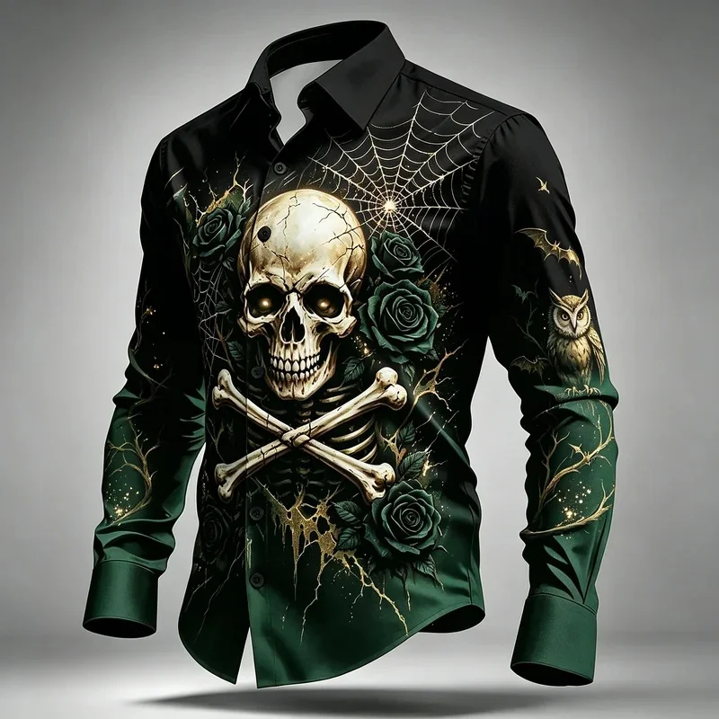 Men's Black Red Skull Black Rose Spider Web Print Long Sleeve Shirt Lapel Button Tops For Halloween Punk Street Outfit