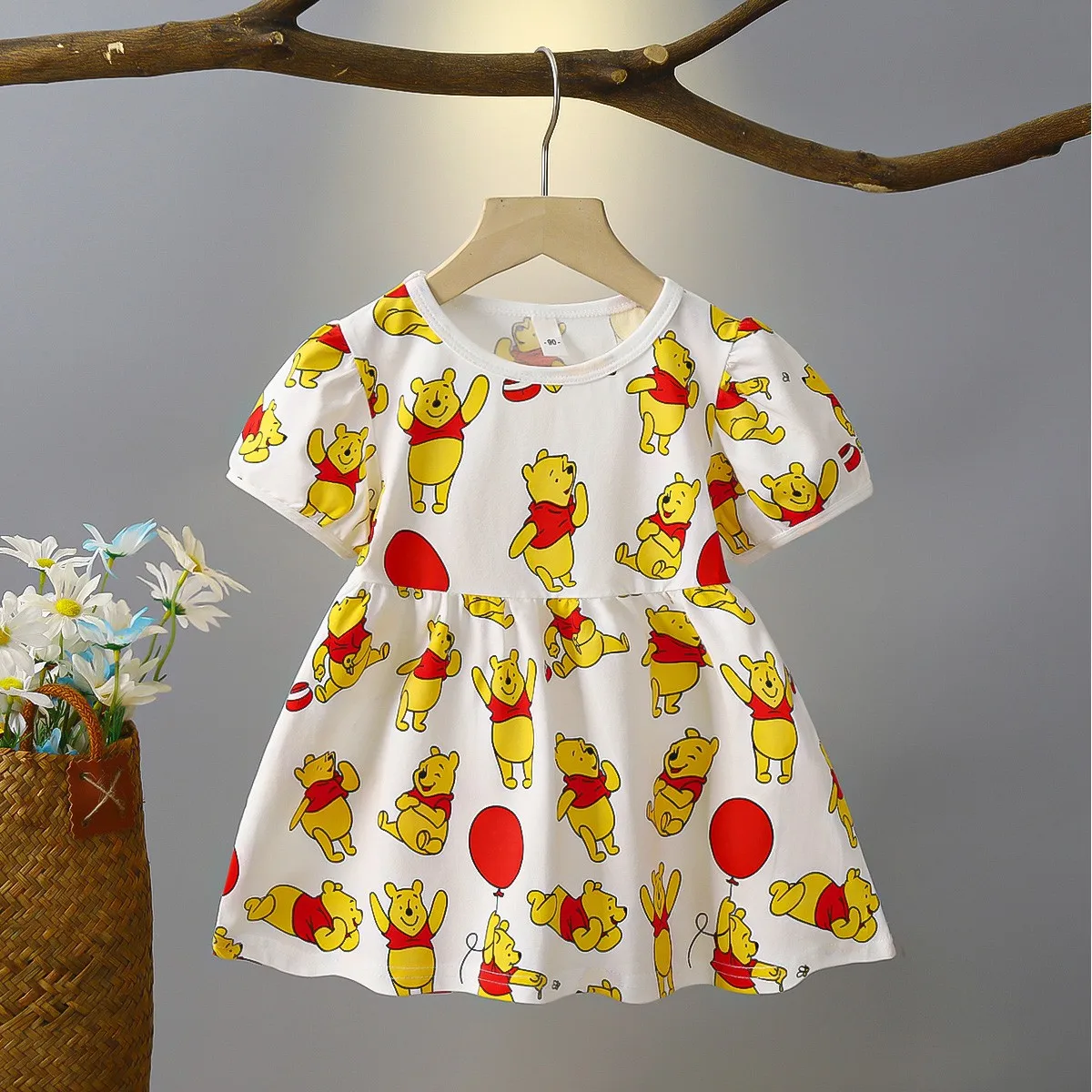 Summer New Cartoon Full Print Round Neck Dresses Disney Clothing Casaul Cute Dress Outer Wear For 1-4Years Short Sleeve Skirt