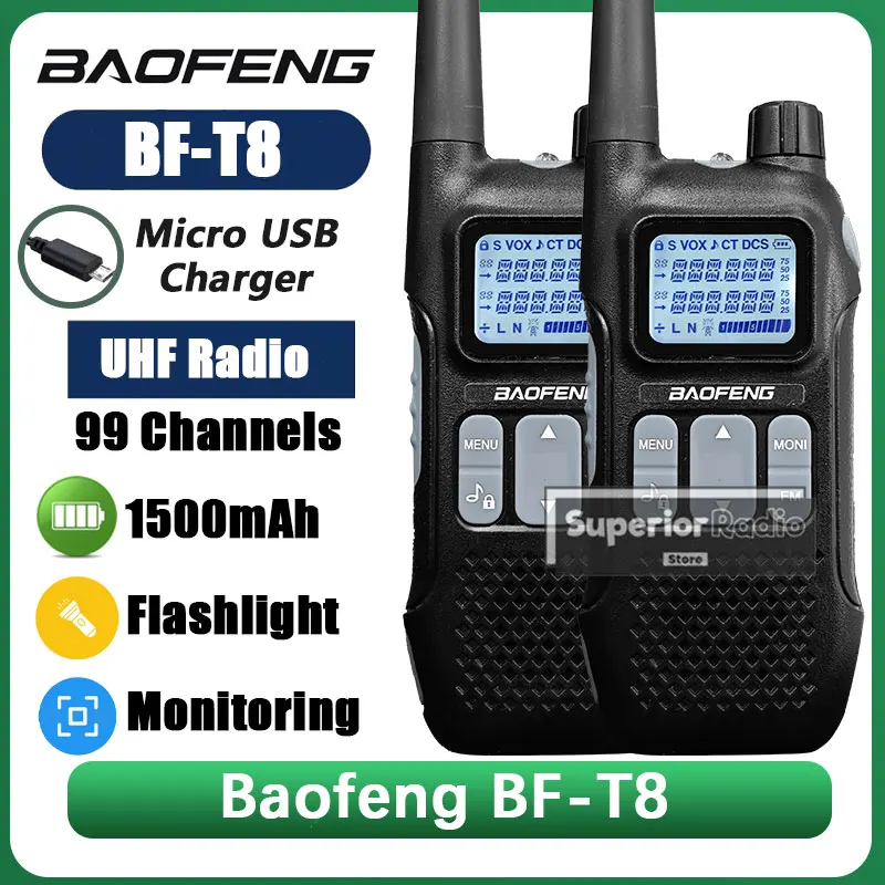 2/4PCS Baofeng T8 Walkie Talkie UHF BF-T8 USB Charging VOX LED Flashlight Weather Warning Kids Two Way Radio 1500mAh FM BF-U9 R8