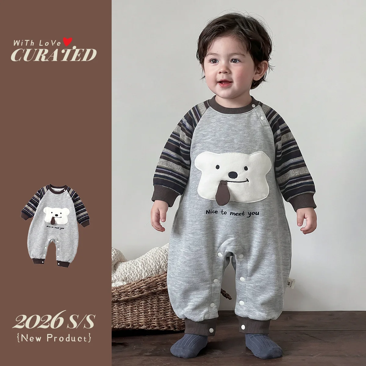One Year Old Baby Boy's Autumn Jumpsuit with Striped Shoulder Sleeves, Three-dimensional Cartoon Climbing Suit, Newborn Outdoor