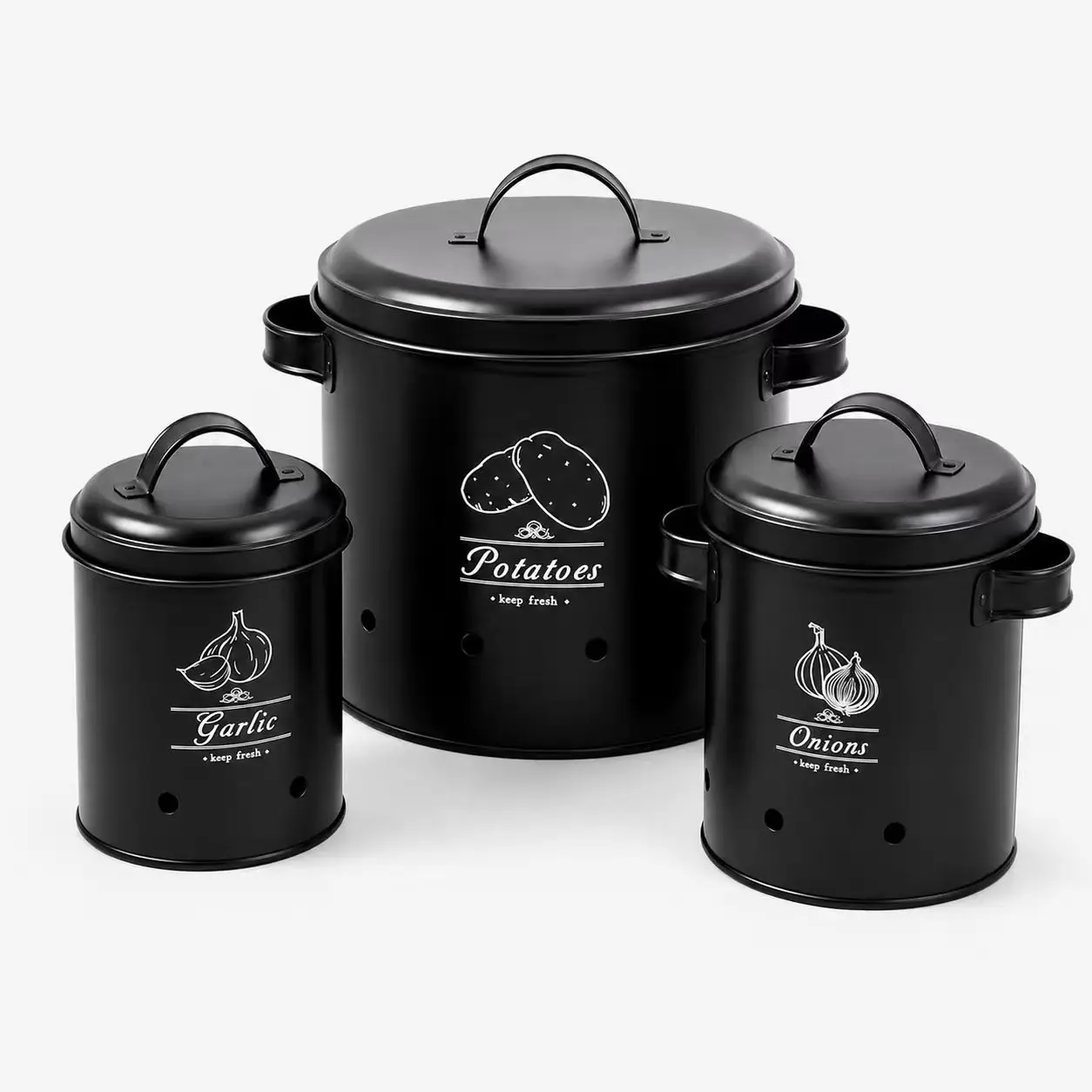 SAEIV Kartoffel Aufbewahrungsbox Set 3-teilig Kartoffel Zwiebel Knoblauch Aufbewahrung mit Belüftungslöchern, Rostfester Metall Zwiebeltopf Kartoffeltopf Küche Gemüse Aufbewahrung Behälter
