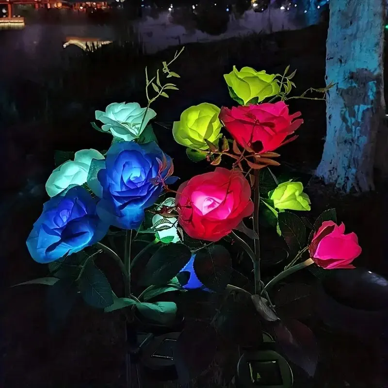 Solar 3-Head Rose Flower LED Light, Outdoor Waterproof Plug-in Garden Landscape Lamp, Romantic Rose Decor Light for Lawn Yard Pa