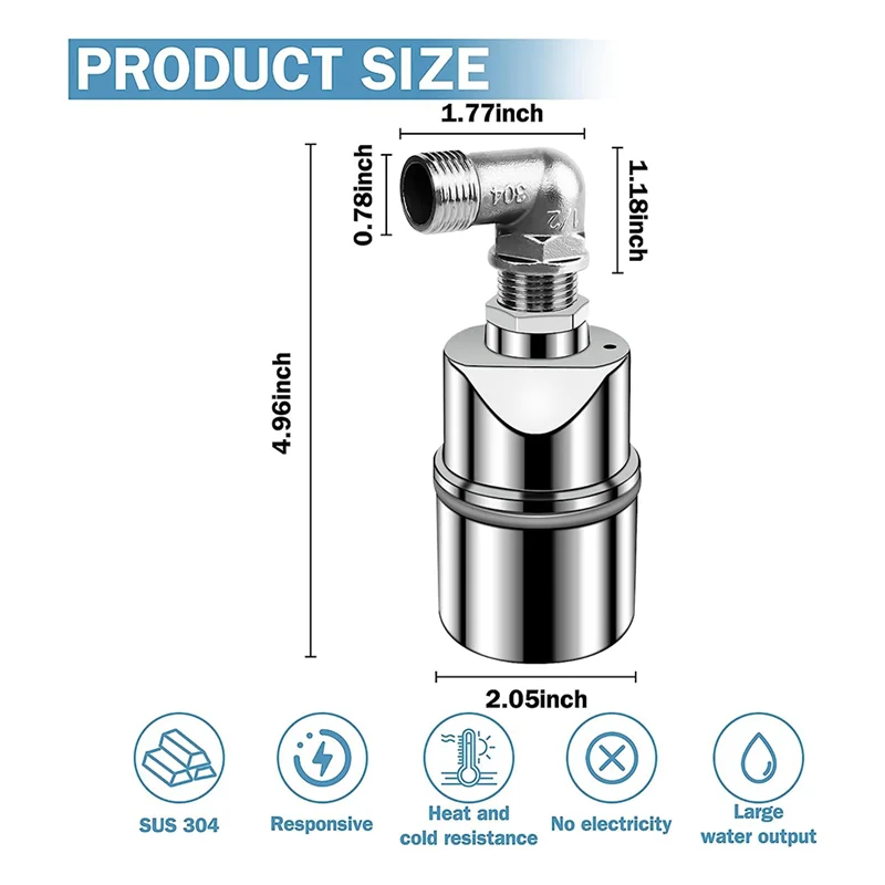 Stainless Steel Water Level Control Float Valve for Tank, 3/4 Inch Float Ball Valve, Suitable for Water Tanks, Pond C