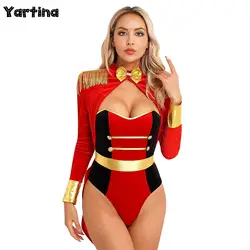 Womens Circus Ringmaster Director Cosplay Costumes Fringe Epaulette Bow Long Sleeve Tailcoat Bodysuit Velvet Jumpsuit Clubwear