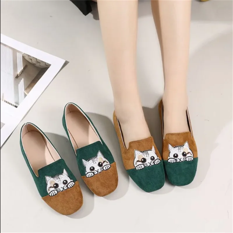 

Cat Embroidered Single Shoes Ladies Flat Shoes Wide Heels Low Heel Pointed Toe Flat Bottom Women's Shoes Spring Shoes